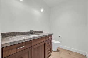 Bathroom with vanity, hardwood / wood-style floors, and toilet