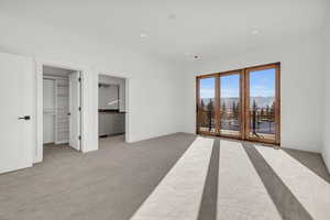 Carpeted bedroom featuring a mountain view, a spacious closet, and access to exterior