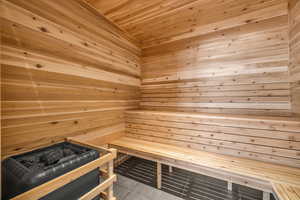 View of sauna with tile patterned floors