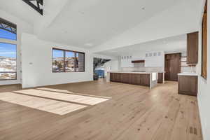 Unfurnished living room with sink, a mountain view, high vaulted ceiling, and light wood-type flooring