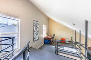 Workout room featuring vaulted ceiling