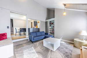 Living room with built in shelves, hardwood / wood-style flooring, and high vaulted ceiling