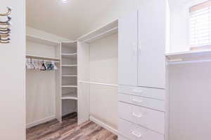 Walk in closet featuring wood-type flooring and vaulted ceiling