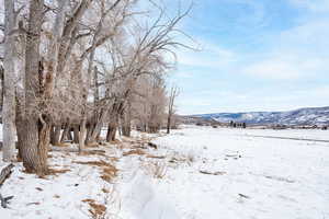 Snowy landscape featuring a mountain view