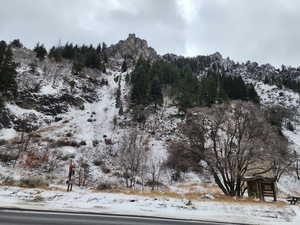 Snowy view with a mountain view