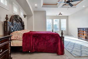 Carpeted bedroom featuring ornamental molding