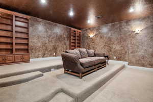 Cinema room with built in shelves and carpet flooring