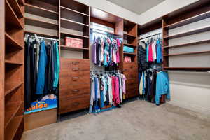 Spacious closet featuring light colored carpet