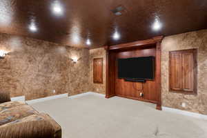 Cinema room with carpet and recessed lighting