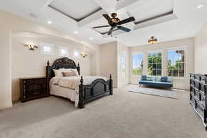 Bedroom with coffered ceiling, carpet flooring, recessed lighting, beam ceiling, and ceiling fan