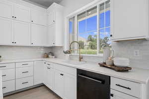 Kitchen with wood-type flooring, natural light, stainless steel dishwasher, white cabinets, and light countertops