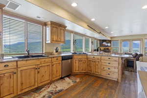 Kitchen with natural light, TV, stainless steel dishwasher, brown cabinets, and dark hardwood flooring