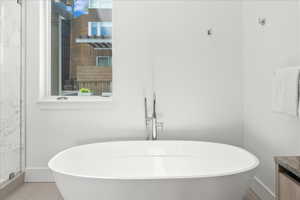 Bathroom featuring vanity and a washtub