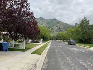 View of road with a lawn and a mountain view