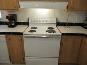 Kitchen featuring electric range oven, dishwasher, exhaust hood, and light countertops