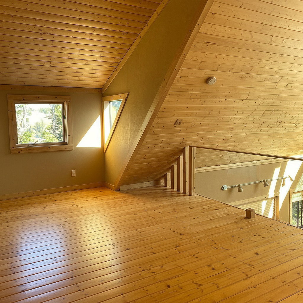 Loft space featuring wood plank flooring, wood-paneled ceilings, and multiple windows  This is the primary bedroom.