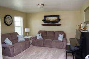 Carpeted living room featuring natural light