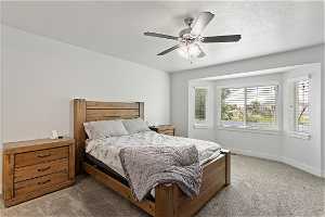 Large Master Bedroom with Carpeted flooring.