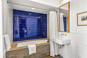 Full bathroom featuring shower curtain, sink, tub / shower combination, mirror, and toilet