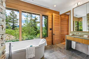 Bathroom featuring natural light, vanity, a bathtub, and mirror