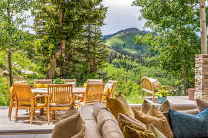 View of terrace featuring a mountain view