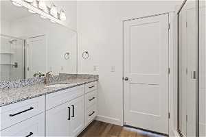 Bathroom featuring vanity, mirror, wood-type flooring, and a shower with door