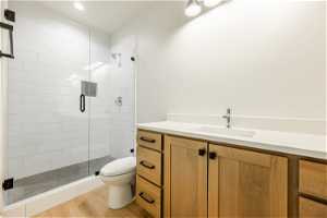 Basement Bathroom featuring vanity, light hardwood floors, and a shower with door