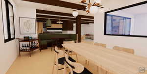 Dining area featuring light wood-type flooring, an inviting chandelier, and beam ceiling - RENDERING