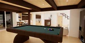 Basement great room with beam ceiling, pool table, light hardwood / wood-style floors, and wood ceiling - RENDERING