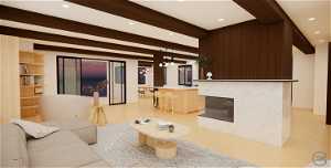 Living room with light hardwood / wood-style flooring and beamed ceiling - RENDERING