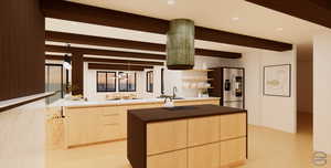 Kitchen with stainless steel fridge with ice dispenser, light wood-type flooring, a kitchen island, and beam ceiling - RENDERING