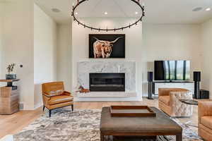 Living room featuring light wood-type flooring and a fireplace