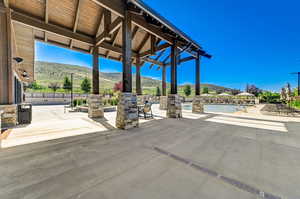 View of patio / terrace featuring a mountain view