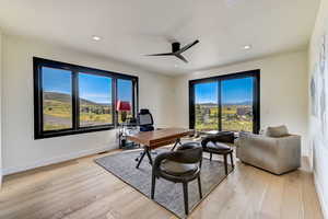 Home office with ceiling fan, plenty of natural light, and light hardwood / wood-style floors