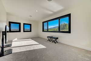 Unfurnished room with light colored carpet