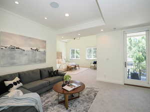 Living room with light carpet and a wealth of natural light