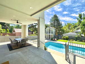 View of swimming pool with ceiling fan and a patio