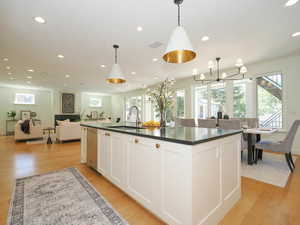 Kitchen featuring dark stone counters, kitchen island with sink, hanging light fixtures, stainless steel dishwasher, and light hardwood floors