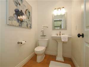 Bathroom featuring sink, mirror, and light hardwood floors