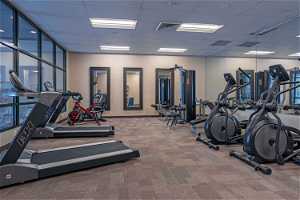 Workout area featuring a drop ceiling and carpet flooring