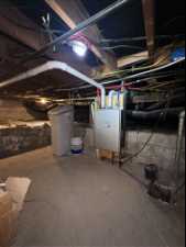 View of basement, tankless water heater and water softener