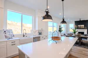 Kitchen featuring light hardwood / wood-style floors, a center island, sink, white cabinets, and decorative light fixtures