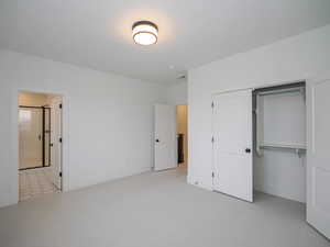 Unfurnished bedroom with light carpet and a closet