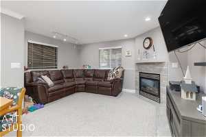 Basement family room with fireplace