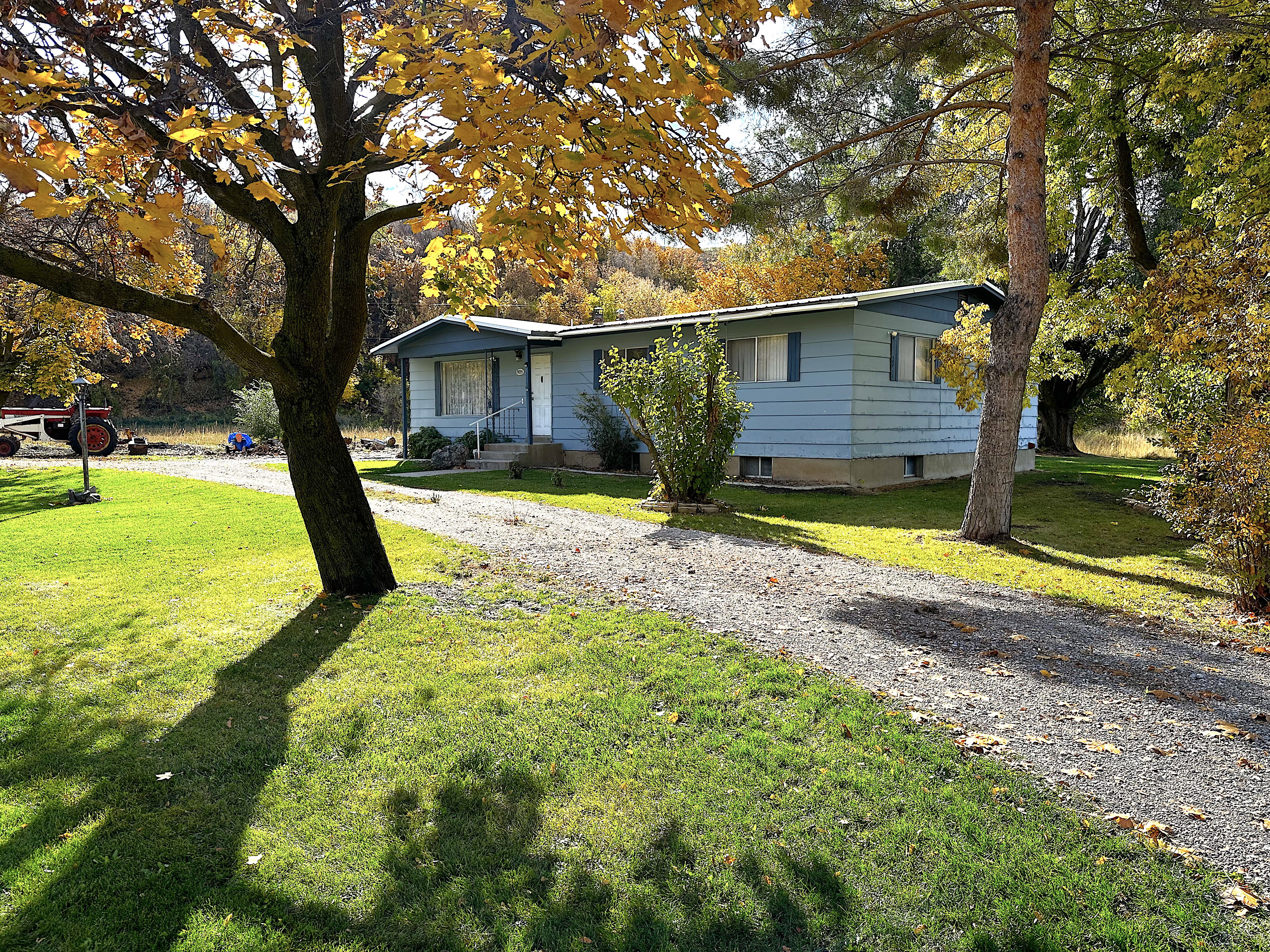 Ranch-style home featuring a front yard and circular driveway
