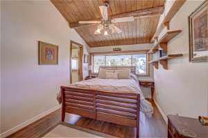 Bedroom with dark wood-type flooring, wood ceiling, ceiling fan, and lofted ceiling with beams