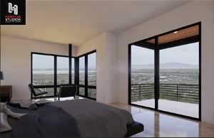 Hardwood floored bedroom featuring multiple windows