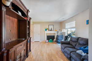 Living room with a fireplace and light hardwood flooring