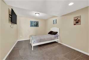 Bedroom featuring carpet flooring and a textured ceiling