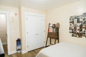 View of hardwood floored bedroom